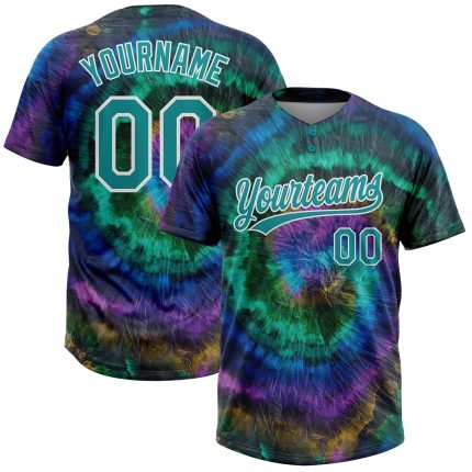 Custom Name and Number Softball Jersey - Personalized Teal White 3D Two-Button Unisex Tie Dye Design Personalized Tie Dye