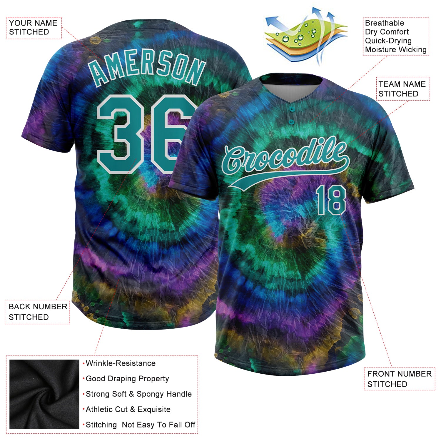 Personalized Tie Dye Teal-White 3D Two-Button Unisex Softball Jersey Team Custom Name and Number Custom Name and Number Softball Jersey - Personalized Teal White 3D Two-Button Unisex Tie Dye Design Personalized Tie Dye - Image 3