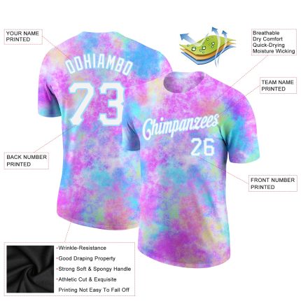 Custom Name and Number Tie Dye Watercolor Gradient 3D Performance T-Shirt White-Light Blue Personalized Tie Dye Watercolor