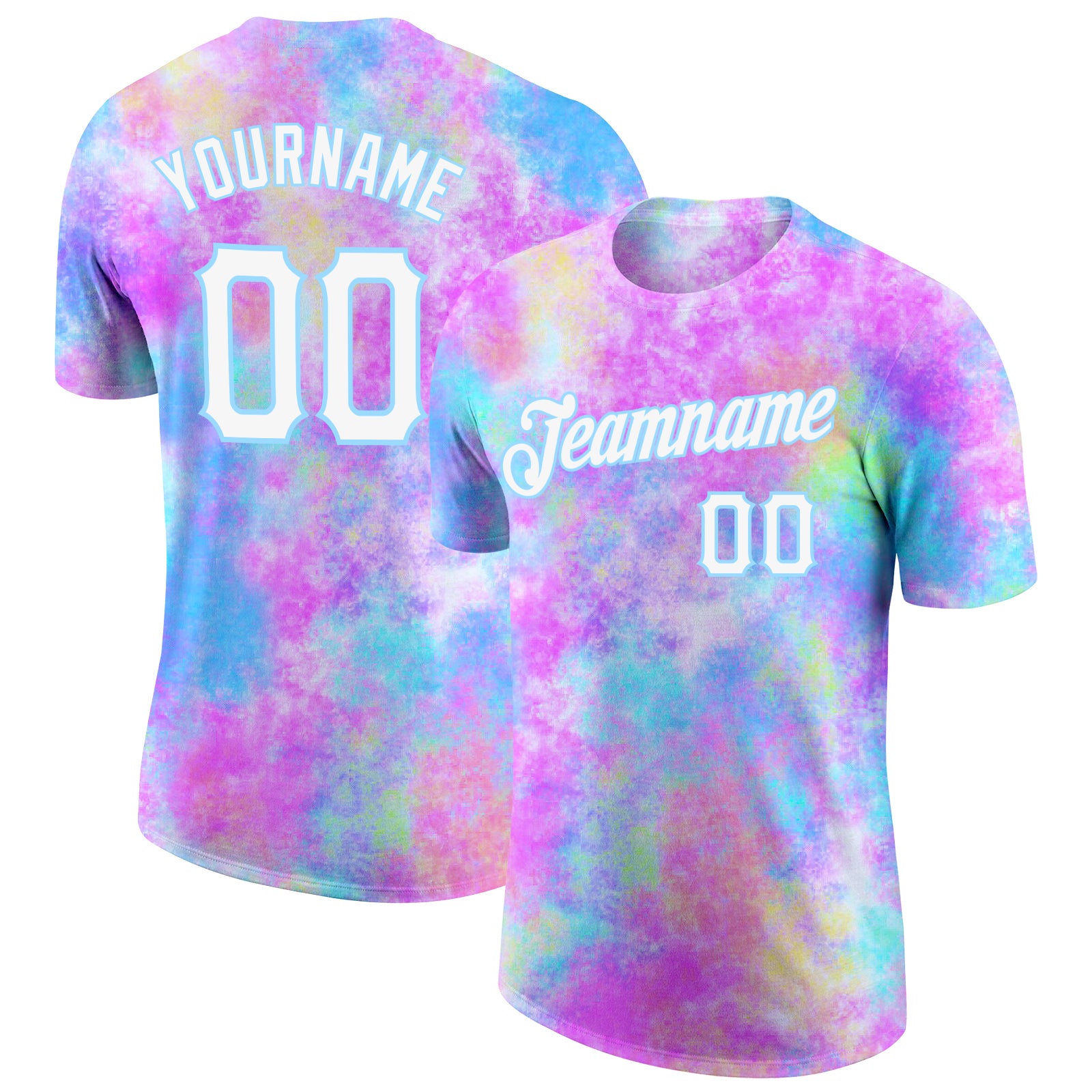 Custom Name and Number Tie Dye Watercolor Gradient 3D Performance T-Shirt White-Light Blue Personalized Tie Dye Watercolor
