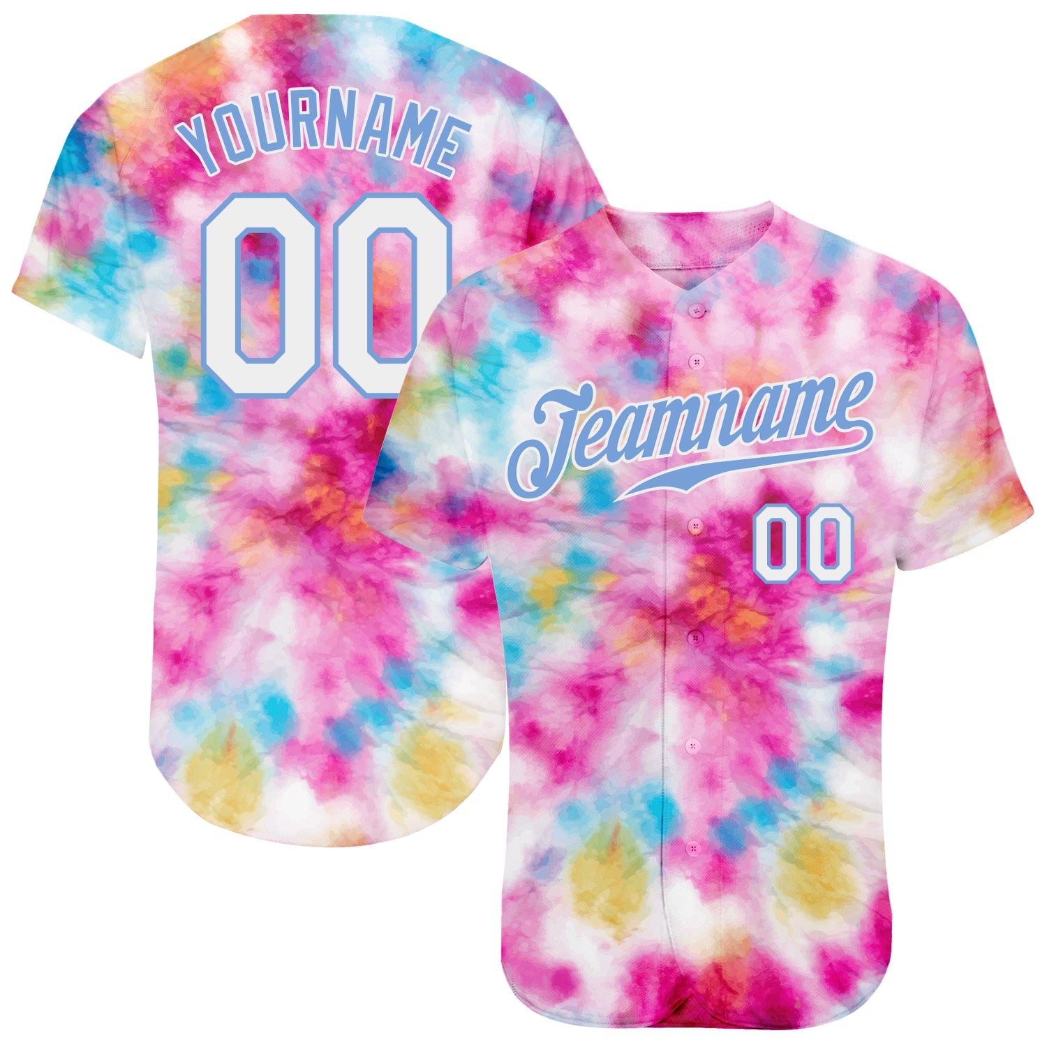 Custom Name and Number Baseball Jersey, Personalized Tie Dye 3D Colorful Watercolor in White and Light Blue Personalized