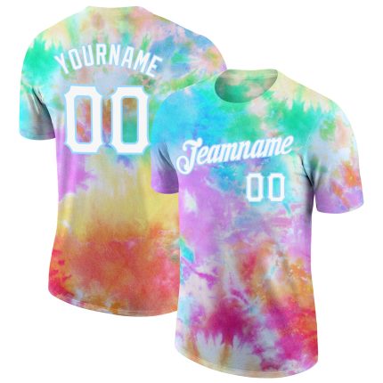 Custom Name and Number Tie Dye 3D Performance T-Shirt in White and Light Blue Personalized Tie Dye White-Light Blue 3D Performance