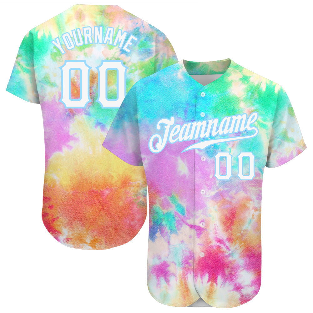 Custom Name and Number Tie Dye Baseball Jersey - White-Light Blue 3D Rainbow Authentic Team Apparel Personalized Tie Dye