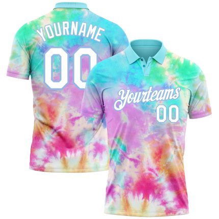 Personalized Tie Dye Golf Polo Shirt for Men, 3D Watercolor Design in White and Light Blue Personalized Tie Dye White-Light
