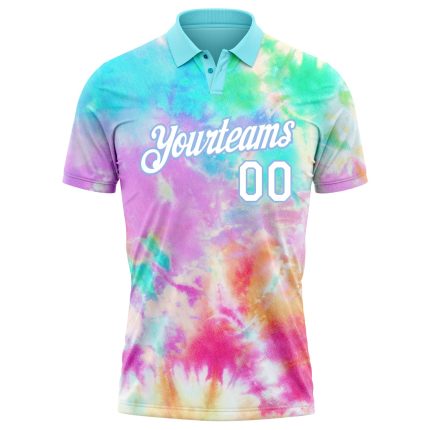 Personalized Tie Dye Golf Polo Shirt for Men, 3D Watercolor Design in White and Light Blue Personalized Tie Dye White-Light