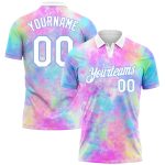 Custom Personalized Tie Dye Golf Polo Shirt with 3D Watercolor - White Light Blue Team Name and Number Personalized Tie Dye