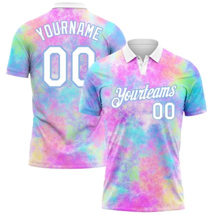 Custom Personalized Tie Dye Golf Polo Shirt with 3D Watercolor - White Light Blue Team Name and Number Personalized Tie Dye