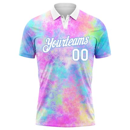 Custom Personalized Tie Dye Golf Polo Shirt with 3D Watercolor - White Light Blue Team Name and Number Personalized Tie Dye