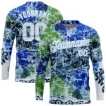 Custom Tie Dye Performance T-Shirt with Abstract Art in White Light Blue - Personalized Team Name and Number, Long Sleeve