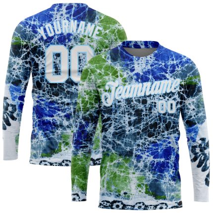 Custom Tie Dye Performance T-Shirt with Abstract Art in White Light Blue - Personalized Team Name and Number, Long Sleeve