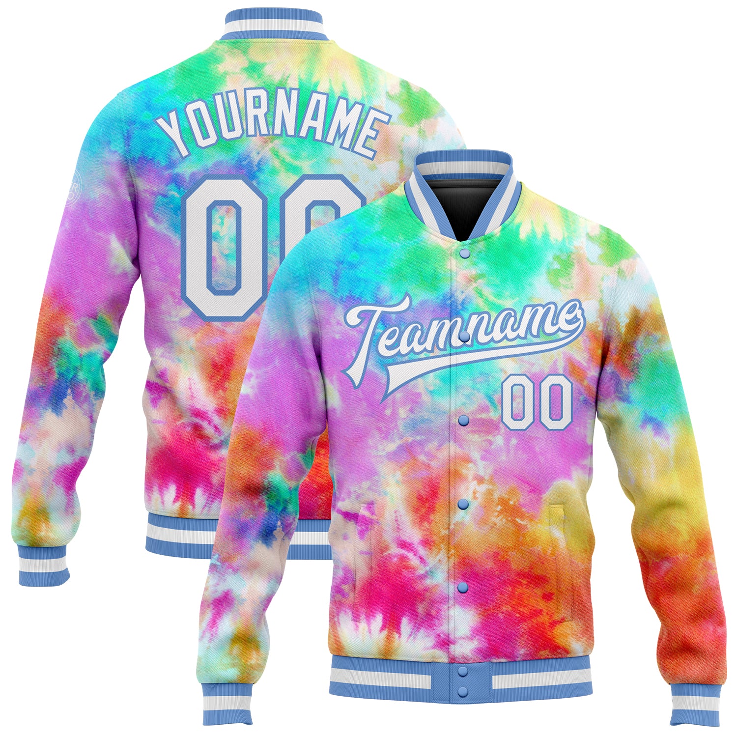 Custom Name and Number 3D Tie Dye Varsity Letterman Jacket White-Light Blue Bomber Personalized Tie Dye White-Light Blue