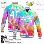 Custom Name and Number 3D Tie Dye Varsity Letterman Jacket White-Light Blue Bomber Personalized Tie Dye White-Light Blue