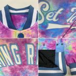 Personalized Tie Dye Bomber Jacket 3D Full-Snap Varsity Letterman in White and Light Blue Rainbow Design Personalized Tie