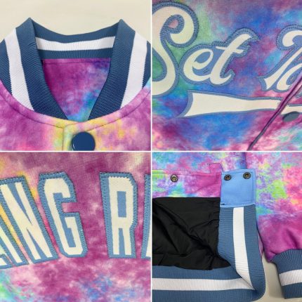 Personalized Tie Dye Bomber Jacket 3D Full-Snap Varsity Letterman in White and Light Blue Rainbow Design Personalized Tie
