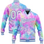 Personalized Tie Dye Bomber Jacket 3D Full-Snap Varsity Letterman in White and Light Blue Rainbow Design Personalized Tie