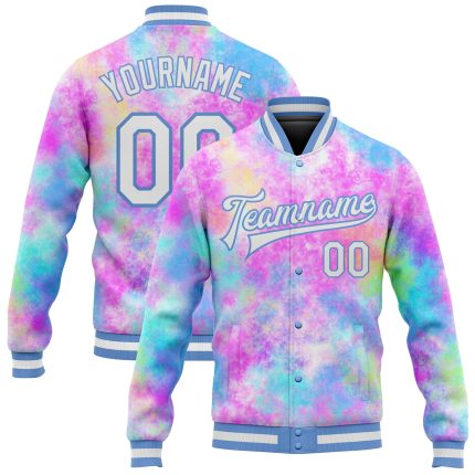 Personalized Tie Dye Bomber Jacket 3D Full-Snap Varsity Letterman in White and Light Blue Rainbow Design Personalized Tie