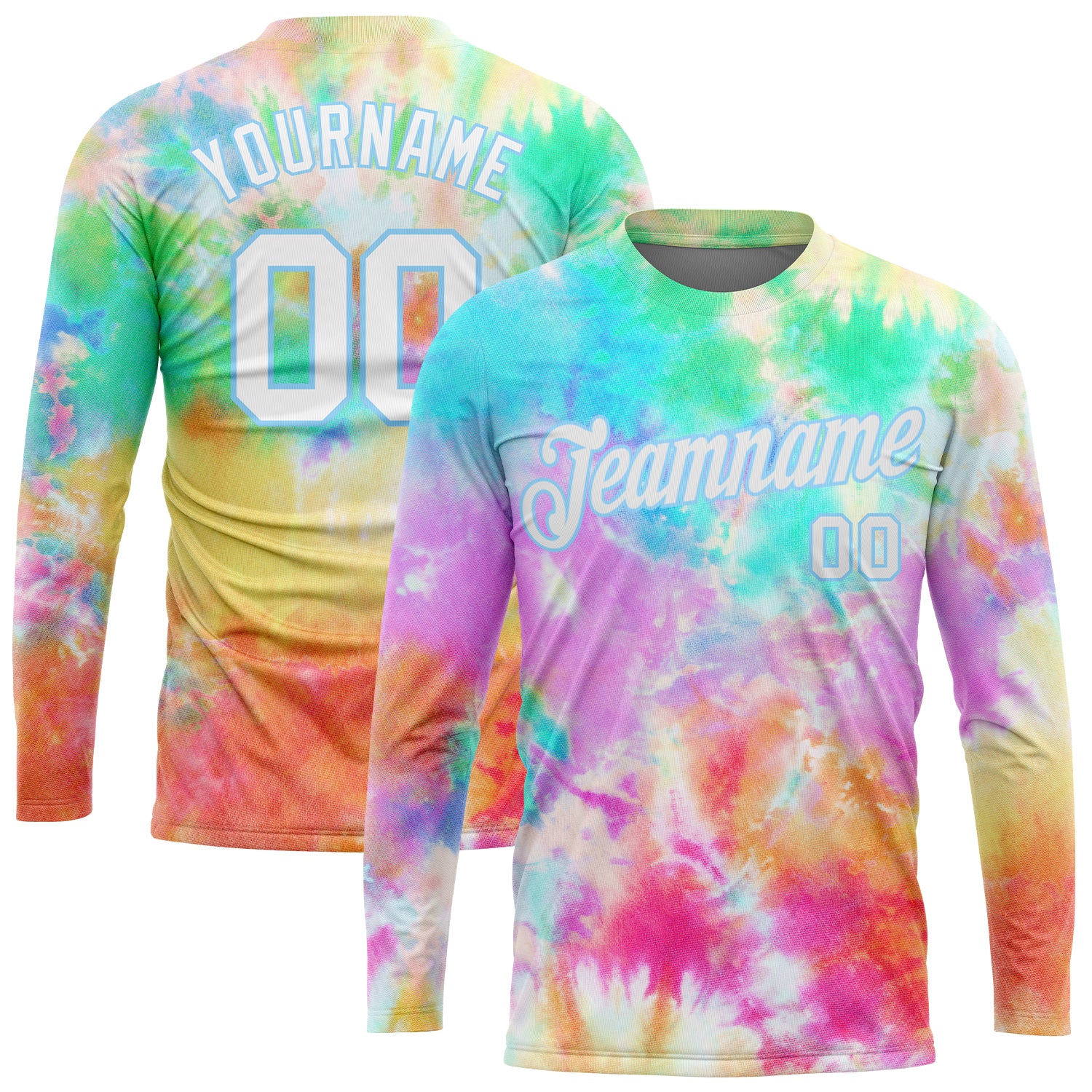 Custom Name and Number Tie Dye 3D Performance T-Shirt in White-Light Blue Rainbow - Long Sleeve Design Personalized Tie Dye