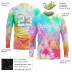 Custom Name and Number Tie Dye 3D Performance T-Shirt in White-Light Blue Rainbow - Long Sleeve Design Personalized Tie Dye