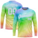 Personalized 3D Tie Dye Long Sleeve Performance T-Shirt - White & Light Blue Rainbow Design Personalized Tie Dye White-Light