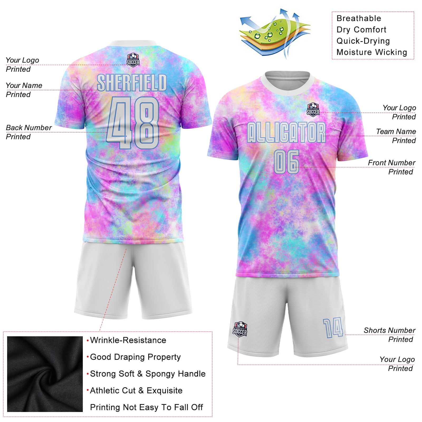 Personalized Tie Dye White-Light Blue Sublimation Soccer Uniform Jersey Personalized Tie Dye Soccer Jersey - White Light Blue Sublimation Uniform Personalized Tie Dye White-Light Blue Sublimation - Image 5