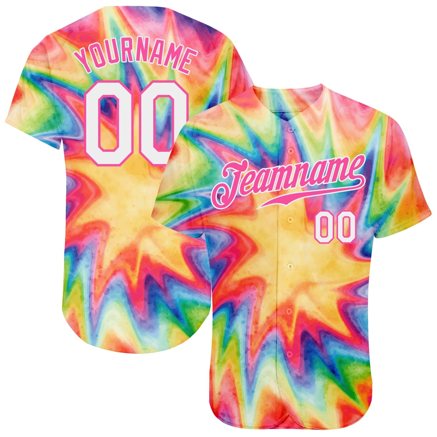 Custom Name Number Tie Dye Baseball Jersey - White Pink 3D Watercolor Rainbow Authentic Design Personalized Tie Dye White-Pink