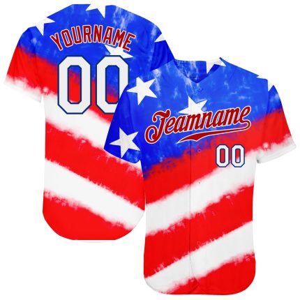 Custom 3D American Flag Tie Dye Baseball Jersey with Personalized Name and Number - White-Royal Team Apparel Personalized