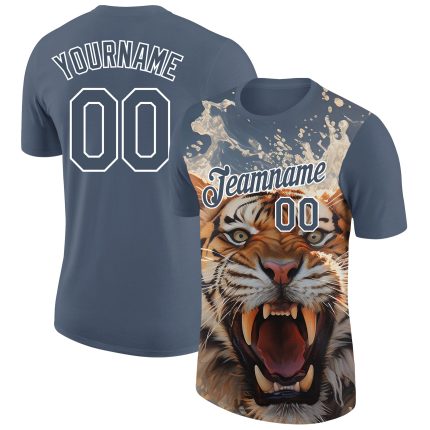 Custom US Navy 3D Tiger Performance T-Shirt for Team with Personalized Name & Number Personalized US Navy Blue White 3D Pattern