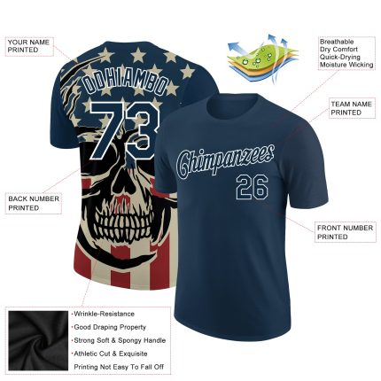 US Navy 3D Skull T-Shirt with American Flag, Custom Name & Number, Performance Tee Personalized US Navy Blue White 3D Skull