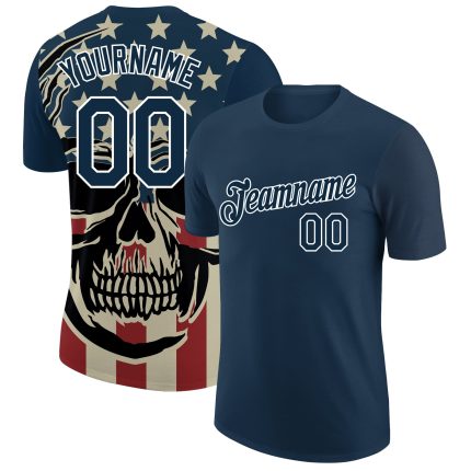 US Navy 3D Skull T-Shirt with American Flag, Custom Name & Number, Performance Tee Personalized US Navy Blue White 3D Skull