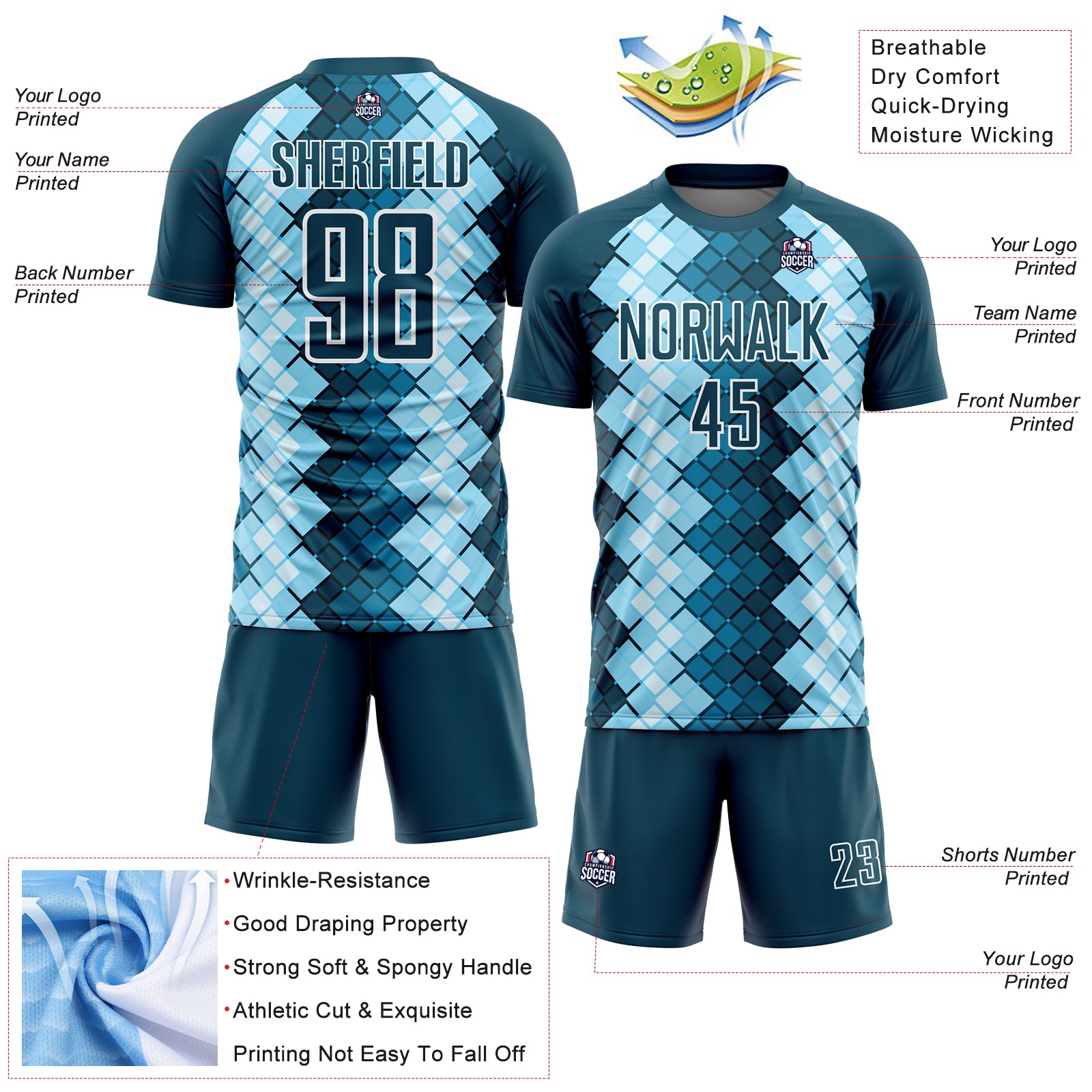 Personalized US Navy Blue White Geometric Shapes Sublimation Soccer Uniform Jersey Team Custom Name and Number Personalized US Navy Soccer Uniform Jersey with Custom Name and Number - Geometric Shapes Design Personalized US Navy Blue - Image 4