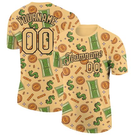 Custom Name Number Dollar Sign Money Theme Performance T-Shirt Vegas Gold Black 3D Pattern Design Personalized Vegas Gold