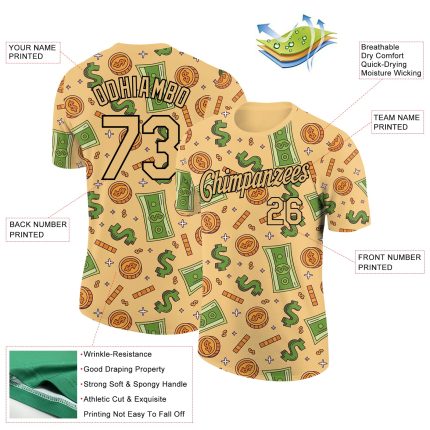 Custom Name Number Dollar Sign Money Theme Performance T-Shirt Vegas Gold Black 3D Pattern Design Personalized Vegas Gold