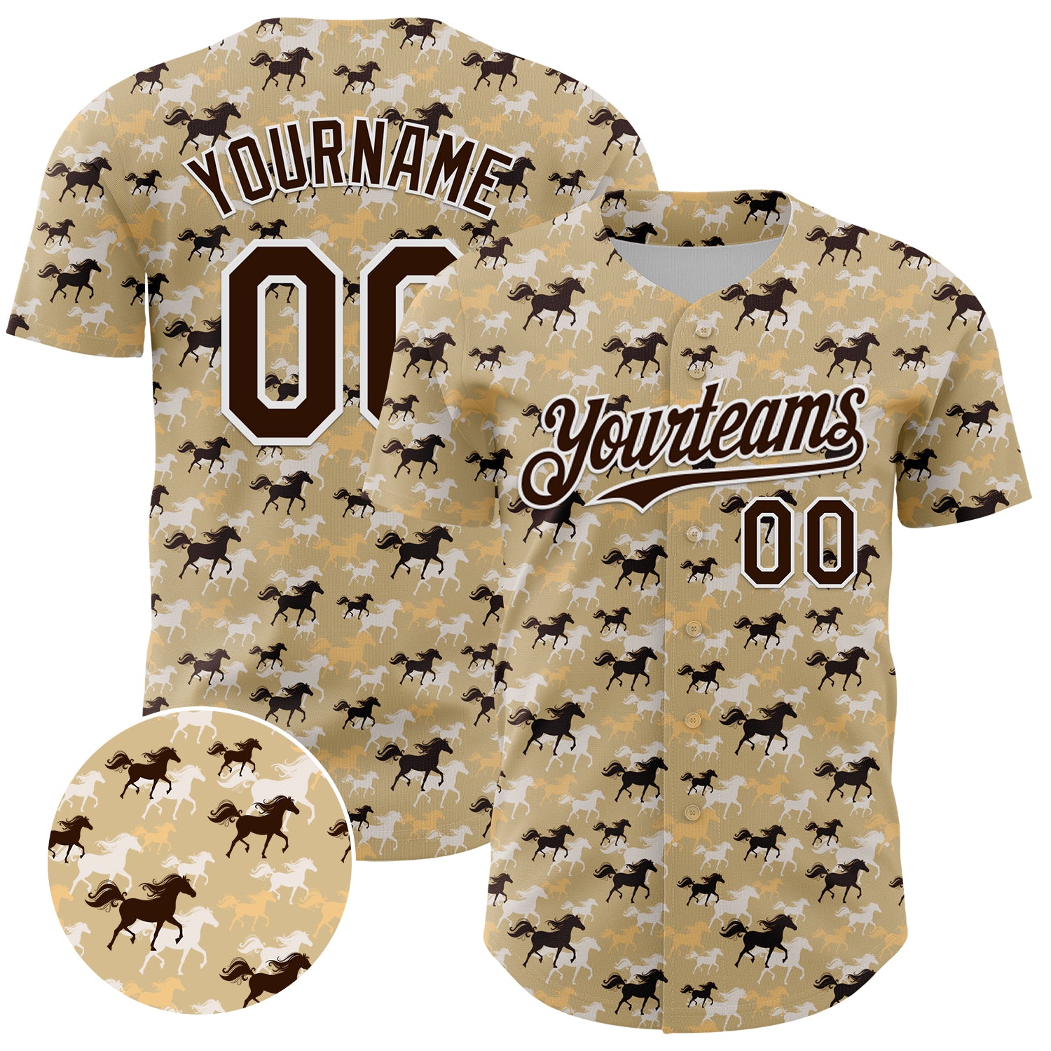 Personalized Horse Baseball Jersey with Custom Name and Number, 3D Vegas Gold Brown-White Pattern Design Personalized Vegas