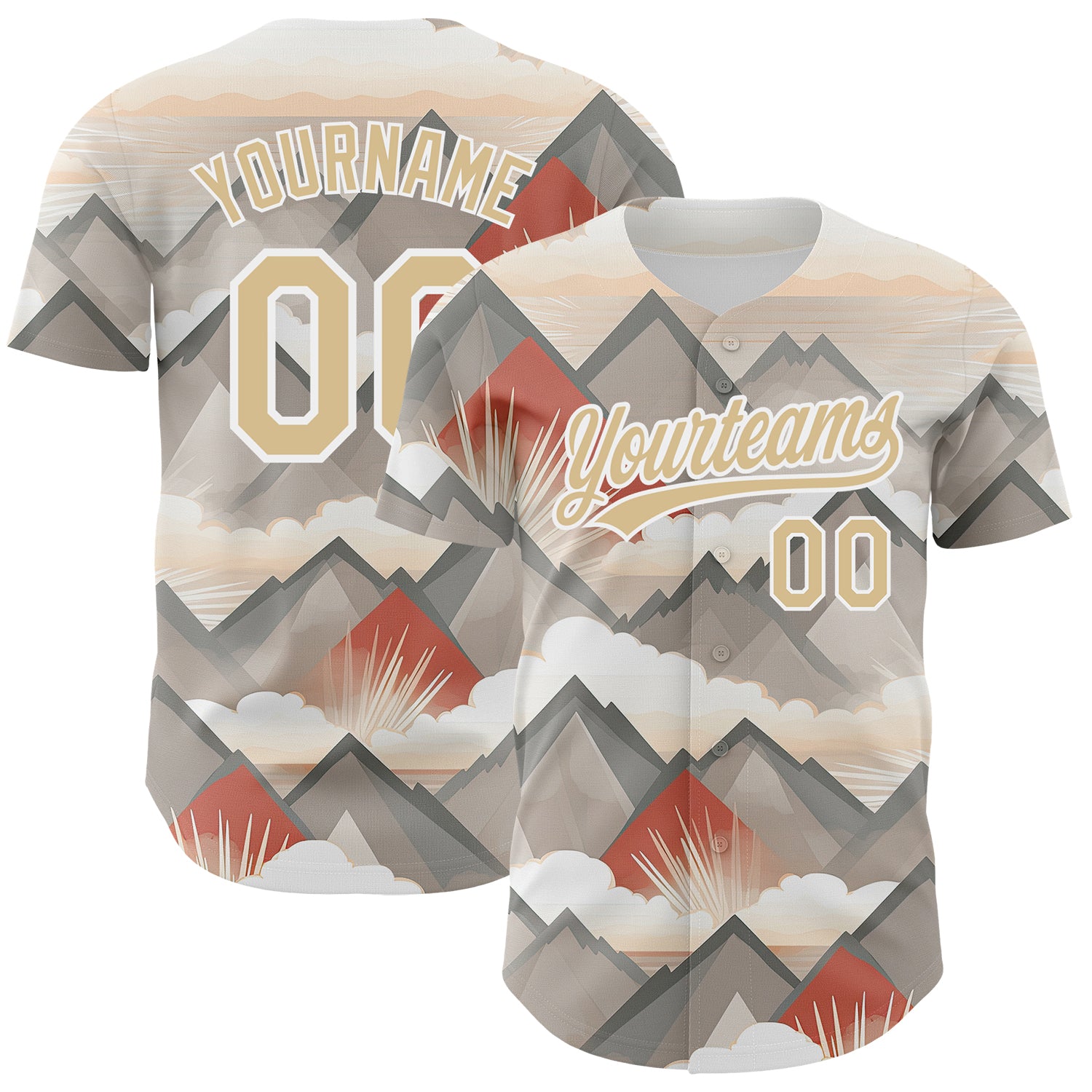 Custom Name and Number Vegas Gold 3D Pattern Baseball Jersey with Sun Rays Design Through Mountain Tops Personalized Vegas