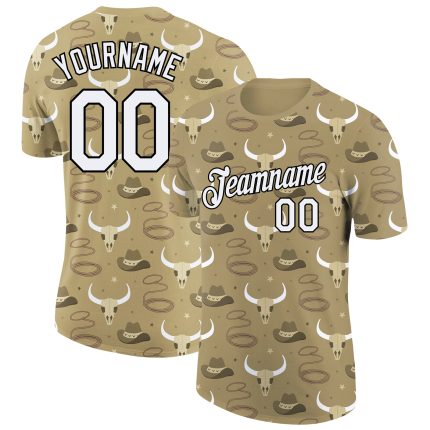 Custom Name Number Cowboy T-Shirt 3D Pattern Design Vegas Gold White Black Performance Accessory Personalized Vegas Gold