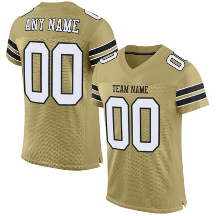 Custom Personalized Football Jersey with Team Name and Number in Vegas Gold, White-Black Mesh - Authentic Design Personalized