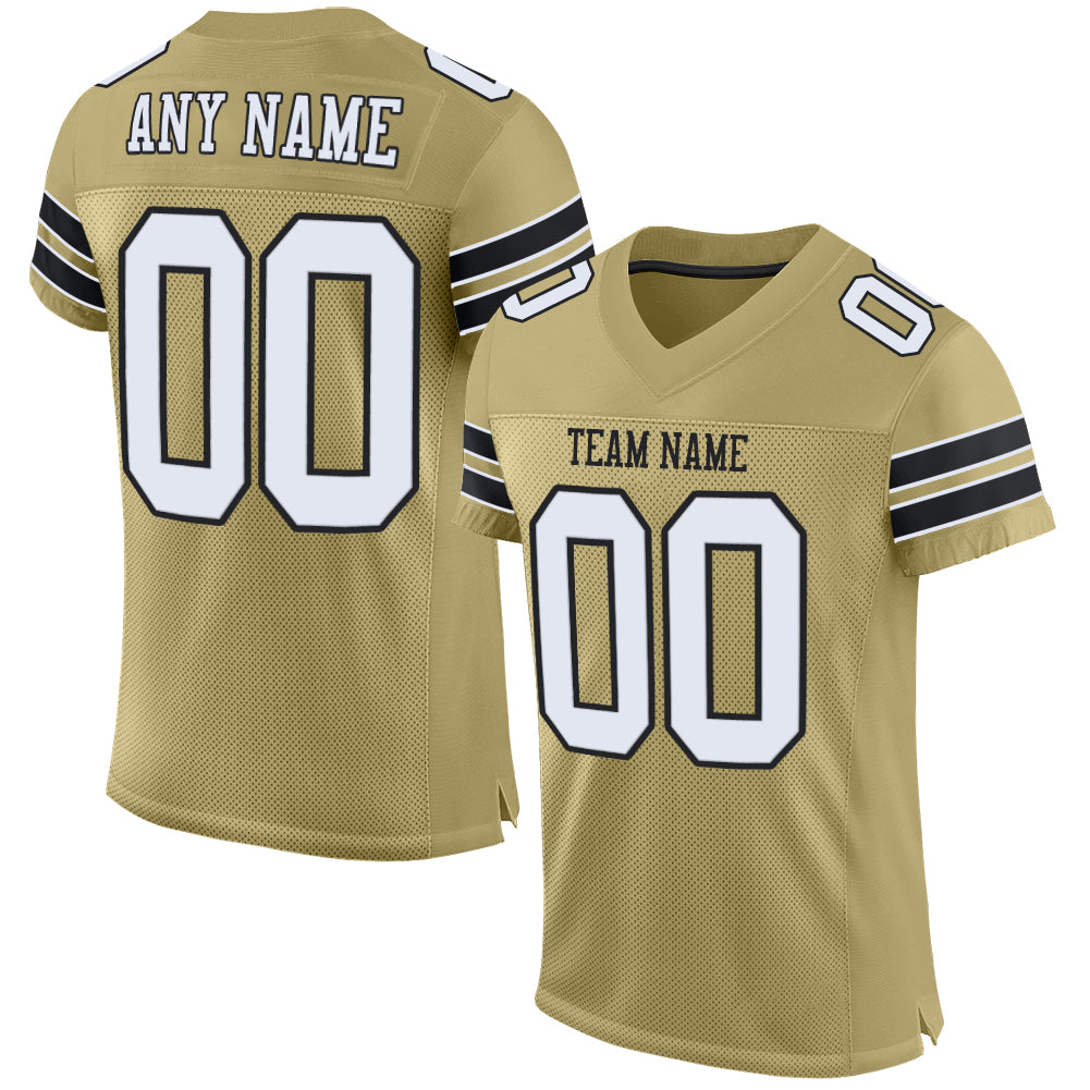 Custom Personalized Football Jersey with Team Name and Number in Vegas Gold, White-Black Mesh - Authentic Design Personalized