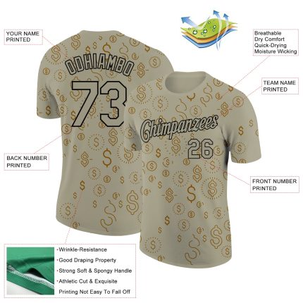 Custom Name and Number Dollar Sign Money Theme T-Shirt for Team, Personalized 3D Wheat Black Pattern Design Personalized