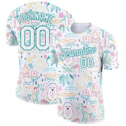 Custom Name and Number Performance T-Shirt for Hawaii Summer Holiday - Personalized White Aqua 3D Pattern Design Personalized