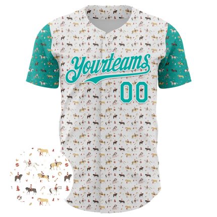 Custom Name and Number Personalized 3D Pattern Rodeo Cowboy Baseball Jersey White Aqua Design Personalized White Aqua 3D