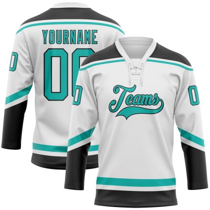 Custom Name Number Hockey Jersey - Personalized White Aqua-Black Lace Neck Team Apparel Personalized White Aqua-Black Hockey