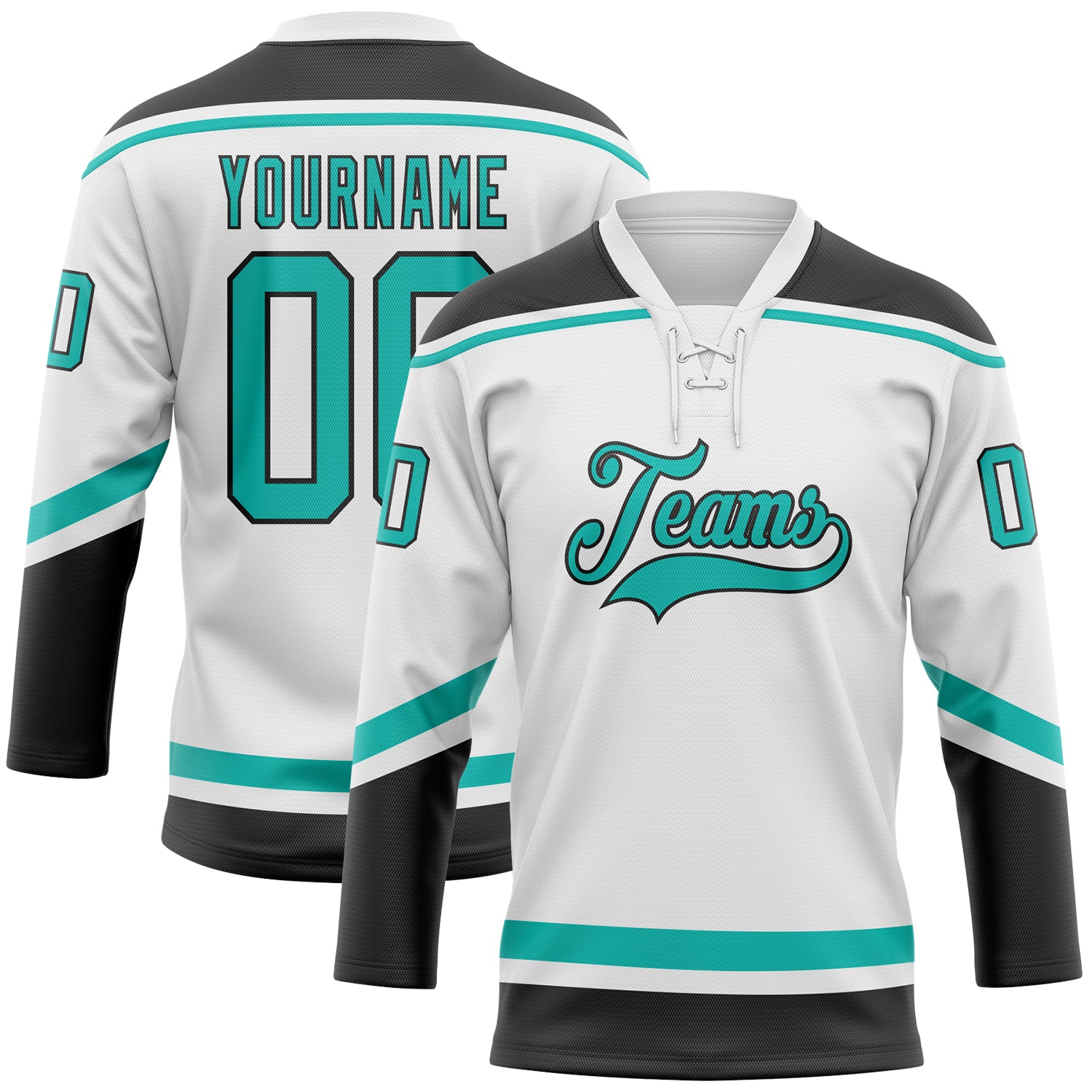 Custom Name Number Hockey Jersey - Personalized White Aqua-Black Lace Neck Team Apparel Personalized White Aqua-Black Hockey