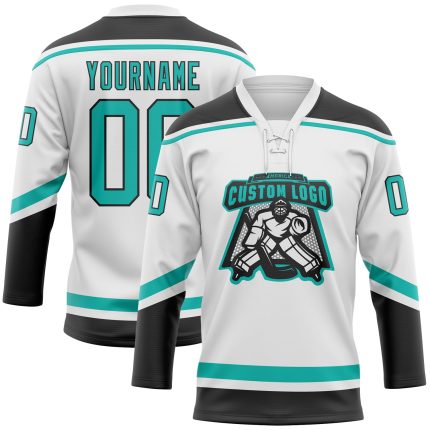Custom Name Number Hockey Jersey - Personalized White Aqua-Black Lace Neck Team Apparel Personalized White Aqua-Black Hockey