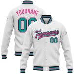 Custom Team Name Number Bomber Jacket Pink Black Aqua Varsity Full-Snap Personalized Letterman Coat Personalized White Aqua