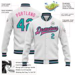 Custom Team Name Number Bomber Jacket Pink Black Aqua Varsity Full-Snap Personalized Letterman Coat Personalized White Aqua