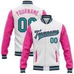Custom Two Tone Bomber Jacket with Personalized Name & Number - White Aqua Black-Pink Varsity Letterman Full-Snap Personalized