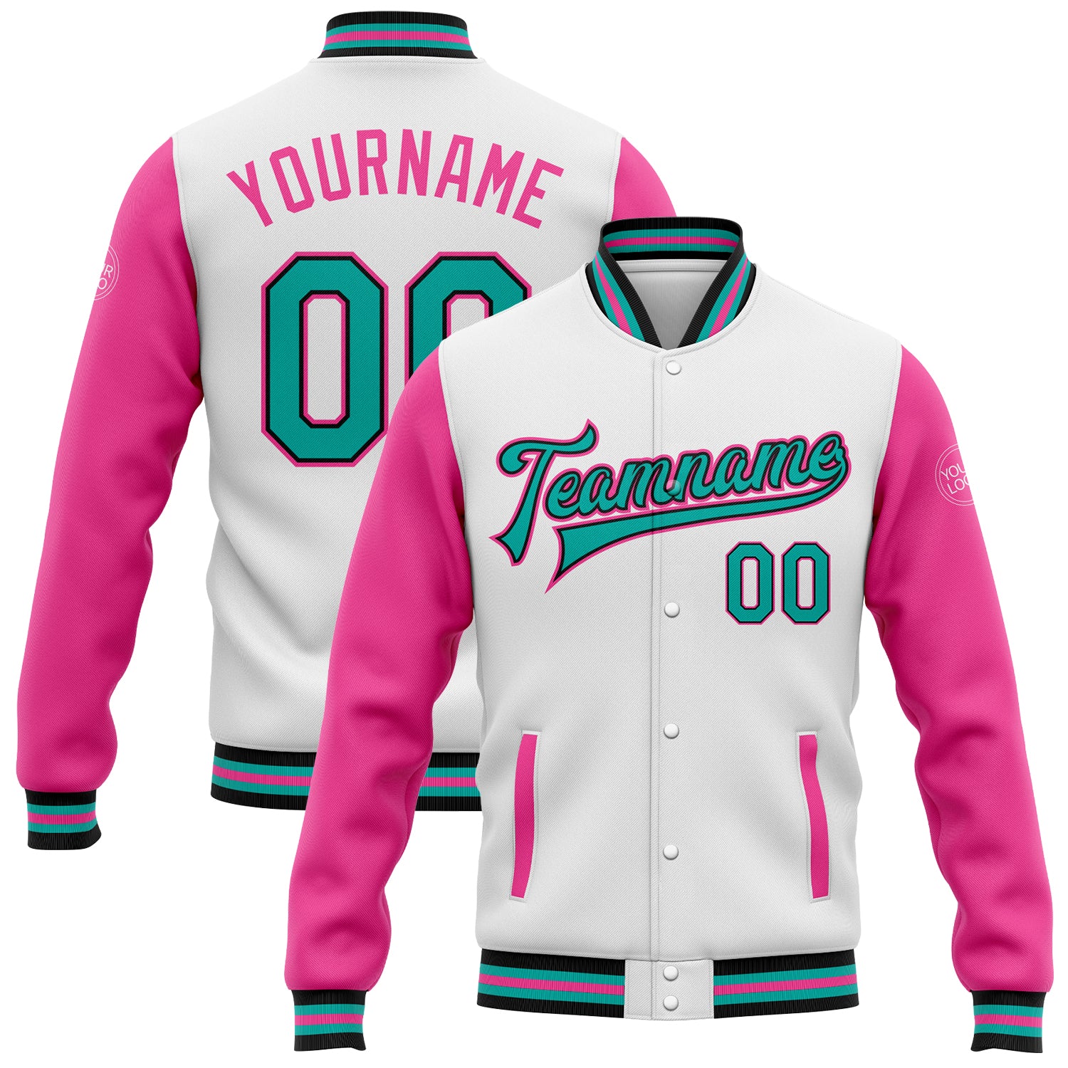 Custom Two Tone Bomber Jacket with Personalized Name & Number - White Aqua Black-Pink Varsity Letterman Full-Snap Personalized
