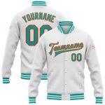 Customizable Aqua-Orange Varsity Letterman Jacket with Team Name and Number - Personalized Full-Snap Bomber Style Personalized