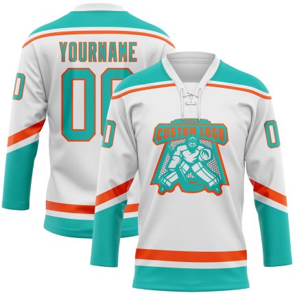 Custom Name and Number Hockey Jersey in White Aqua-Orange Lace Neck Design, Personalized Team Apparel Personalized White