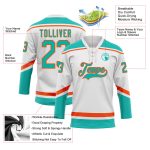 Custom Name and Number Hockey Jersey in White Aqua-Orange Lace Neck Design, Personalized Team Apparel Personalized White